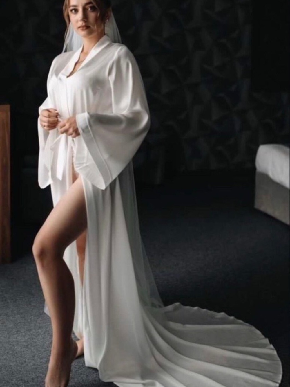 Bridal Satin Long Kimono Robe with Sheer Train - White